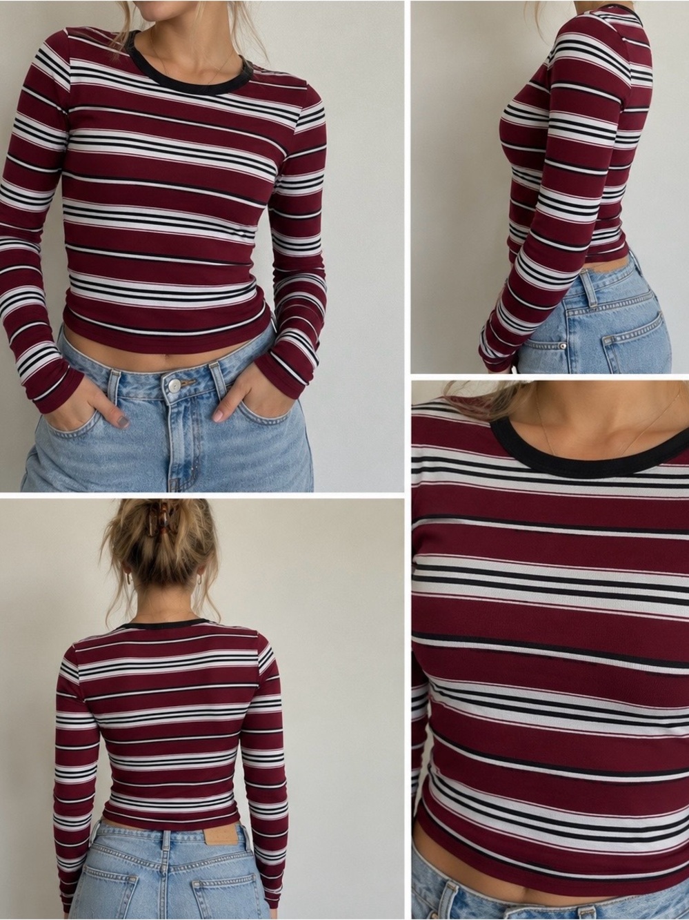 rue21 Burgundy White Black Striped Long Sleeve Top Size Medium